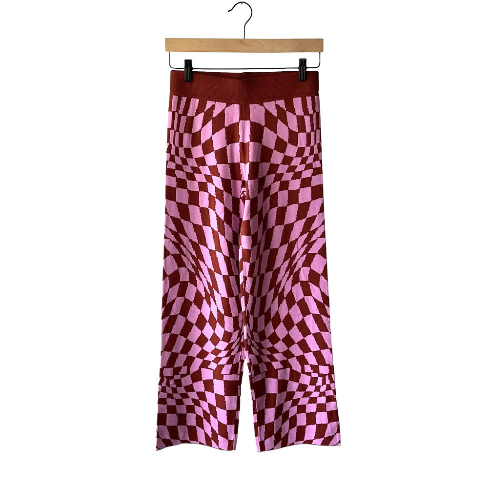 Daydreamer Size S Abstract Retro Checkered Magenta Wave Knit Pull On Pants - New